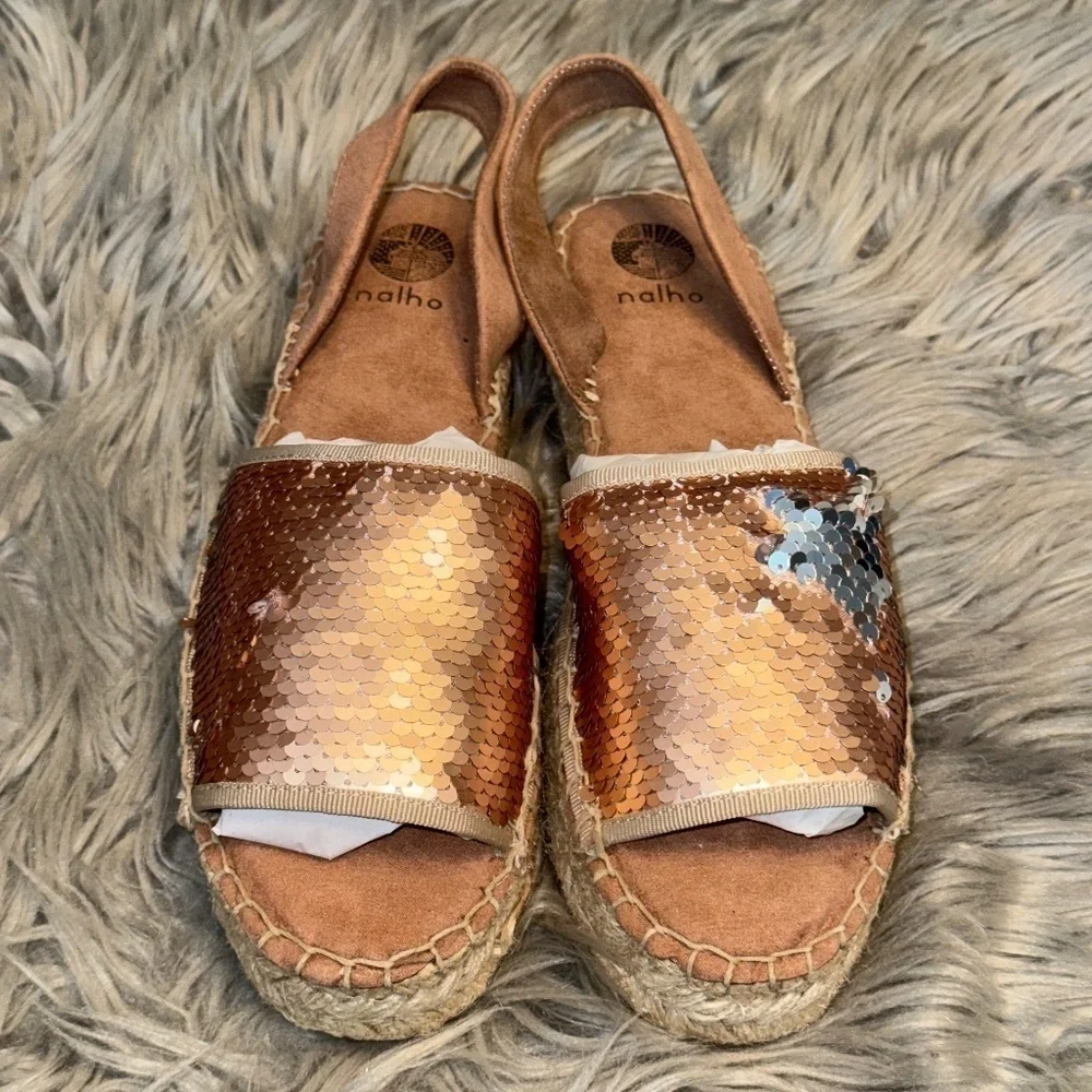 NWOT Nalho Kaia Sequin Wedge Espadrille Rose Gold Pink Size 11